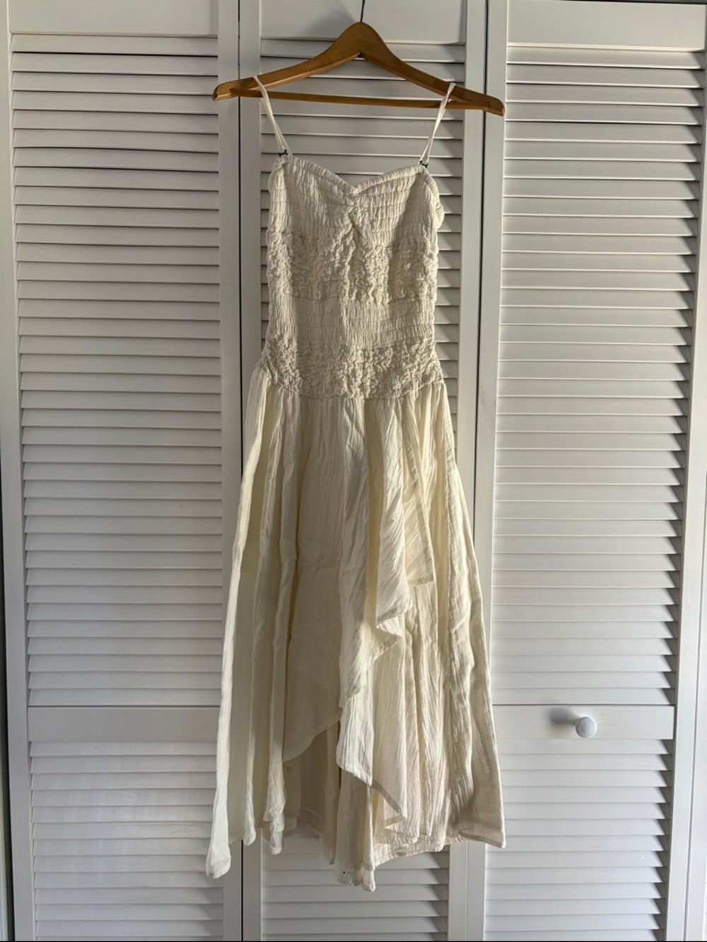 Free People Cream Smocked Spaghetti-Strap High-Low Dress